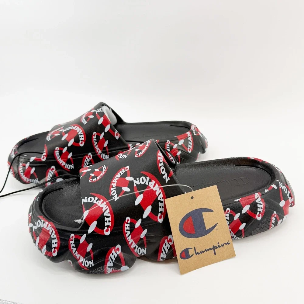 Champion Meloso Squish Smile Slides Sandals Mens Size 9 Black Red Pool Comfy NEW